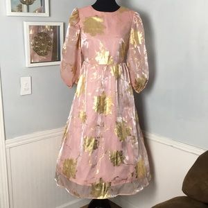 Women’s Peach and Gold Floral Puffed sheer sleeve, Mid-length Dress